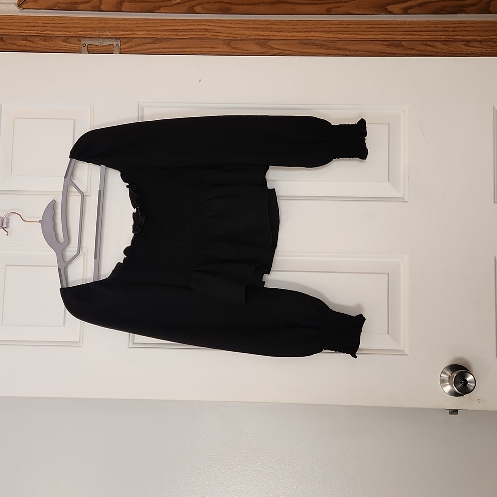 Dazy shein cropped long sleeve ruched top black